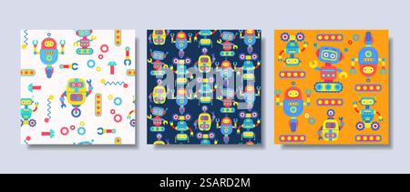Cute robots seamless pattern collection, hand-drawn style used for fabric, textile, print, banner, cover, background and decorative wallpaper Stock Vector