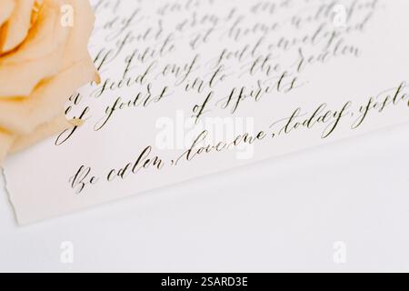 A romantic handwritten note features flowing calligraphy expressing affection, complemented by a delicate rose. The stylish stationery adds a personal Stock Photo