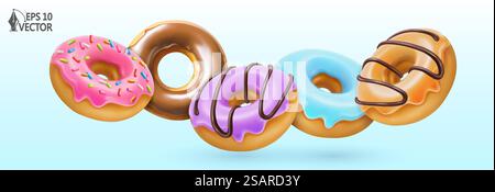 Donuts with pink glaze and chocolate, colored glaze and caramel. 3D vector realistic objects. Food icons set. Donuts with pink glaze and chocolate, colored glaze and caramel. 3D vector realistic objects. Food icons set for packaging design Stock Vector