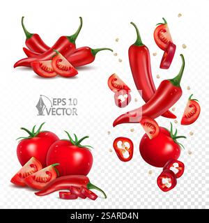 Realistic ripe tomatoes and chili peppers, natural fresh vegetables, falling pieces and slices, 3d vector icon set. Ripe tomatoes and chili peppers set, natural fresh vegetables, falling pieces and slices, 3d realistic vector illustration Stock Vector