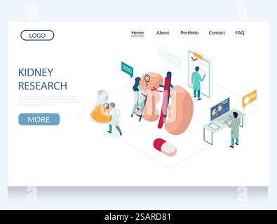 Kidney research vector website template, web page and landing page design for website and mobile site development. Kidney disease clinical research trials in nephrology laboratory.. Kidney research vector website landing page design template Stock Vector