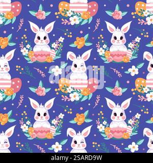 This charming seamless pattern features kawaii style Easter bunnies, colorful eggs, and cheerful flowers. Perfect for spring-themed designs, this play Stock Vector