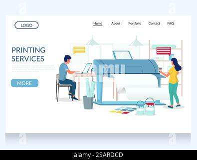 Printing services vector website template, web page and landing page design for website and mobile site development.. Printing services vector website landing page design template Stock Vector