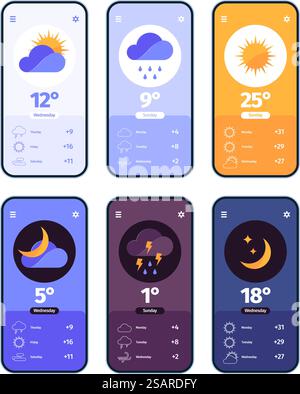 Weather dashboards. Ui for smartphone app with weather symbols clouds rain sun garish vector templates. Illustration of smartphone ui weather. Weather dashboards. Ui for smartphone app with weather symbols clouds rain sun garish vector templates Stock Vector