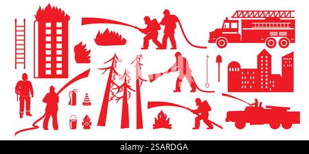 Firefighter in protective gear, fire engine, extinguishing supplies accessories and burning forest, house red silhouette set isolated on white background. Rescue profession occupation vector illustration. Firefighter, fire engine and burning forest, house red silhouette set Stock Vector