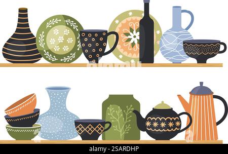 Dishes on shelves. Kitchen interior shelves with decorative plates forks spoons mug and vase recent vector cartoon background. Interior of kitchen, home kitchenware illustration. Dishes on shelves. Kitchen interior shelves with decorative plates forks spoons mug and vase recent vector cartoon background Stock Vector