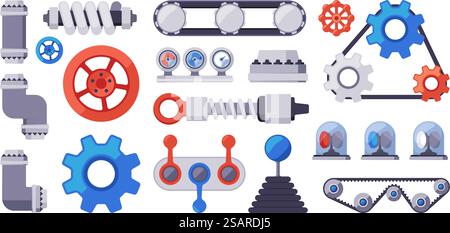 Mechanical parts. Gears buttons robotic arms engineering tools industrial items garish vector conveyor elements. Illustration of gear mechanism engineering. Mechanical parts. Gears buttons robotic arms engineering tools industrial items garish vector conveyor elements Stock Vector