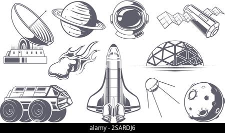 Space labels. Monochrome badges with space rockets astronaut exploring universe adventure shuttles exact vector illustration stylized. Rocket and exploration galaxy, science universe. Space labels. Monochrome badges with space rockets astronaut exploring universe adventure shuttles exact vector illustration stylized Stock Vector