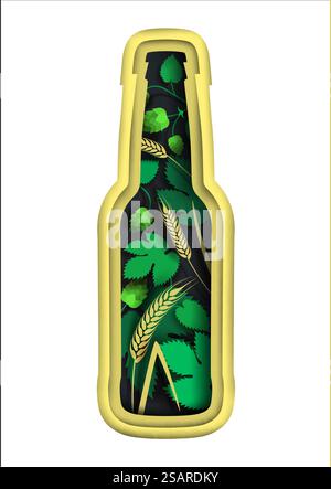 Beer bottle with hop branches and ears of wheat inside of it, vector illustration in paper art modern craft style. Creative beer composition for brewery, beer festival, menu, poster, banner etc.. Creative beer composition, vector paper cut illustration Stock Vector