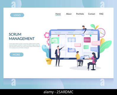 Scrum management vector website template, web page and landing page design for website and mobile site development. Scrum methodology concept with tiny programmers team moving cards on big task board.. Scrum management vector website landing page design template Stock Vector