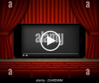 Online cinema poster template. Vector illustration of red movie theater stage and mobile phone with video player, play button on screen. Mobile movie.. Online cinema poster template vector realistic illustration Stock Vector