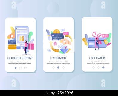 Retail rewards mobile app onboarding screens. Menu banner vector template for website and application development. Cashback, gift cards customer loyalty programs for e-commerce, online shopping.. Retail rewards mobile app onboarding screens vector template Stock Vector
