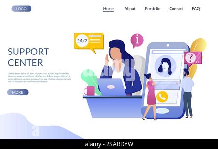 Support center vector website template, web page and landing page design for website and mobile site development. Female operator in headset providing product information, solutions to FAQ and issues.. Support center vector website landing page design template Stock Vector