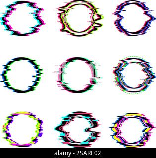 Glitch circles. Round glitched digital frames dynamic broken television signal visualization rings recent vector pixel noise templates. Illustration of dynamic effect frame digital. Glitch circles. Round glitched digital frames dynamic broken television signal visualization rings recent vector pixel noise templates Stock Vector