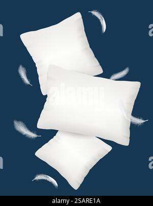 Pillows vector. Comfortable fluffy square blank cushion mockup. Poster template with domestic textile product for bedding and sleeping with flying fluff and feathers illustration. Pillow comfort fluffy square cushion mockup vector Stock Vector