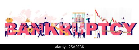 Business bankruptcy typography banner template, vector flat illustration. Corporate bankruptcy, business failure concept with tiny cartoon businessman characters who are unable to pay debts.. Bankruptcy typography banner template, vector flat illustration Stock Vector