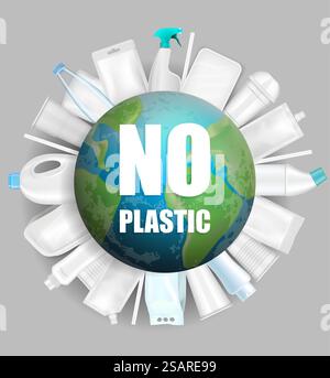Planet Earth globe with No plastic slogan and plastic bottles, cups, packs around it, vector illustration. Save planet, life without plastic concept for poster, banner, flyer etc.. Globe with No plastic slogan, vector illustration Stock Vector