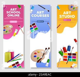 Painting art vertical web banner template set, vector illustration. Artist painter tools and supplies palette, paintbrushes, pencils, paints. Art school studio classes online courses.. Kids art craft, education, creativity class concept. Stock Vector