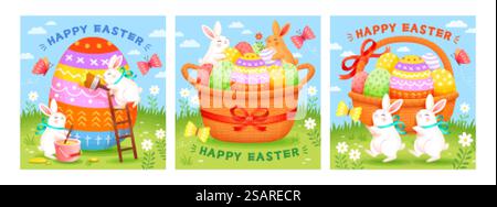 Easter templates with cute rabbits decorating eggs and putting them in baskets. Holiday background suitable for event invitation or greeting card.. Easter bunny background templates Stock Vector