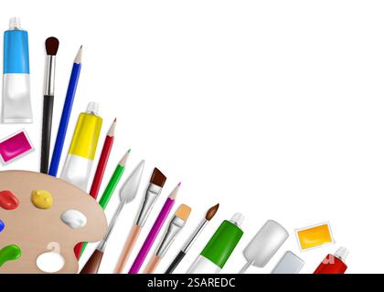 Realistic artist palette with brushes, paint tubes, knives and pencils, vector illustration. Art tools and supplies composition for web banner, website page etc.. Art tools and supplies vector concept for web banner, website page Stock Vector