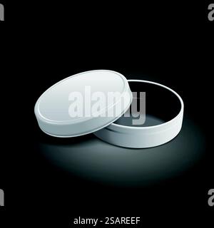 open round metal box isolated on black background. 3D illustration.. round metal box Stock Vector