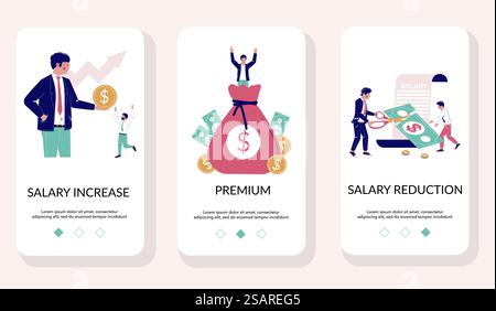 Salary mobile app onboarding screens. Menu banner vector template for website and application development. Salary increase and reduction, premium, bonuses.. Salary mobile app onboarding screens vector template Stock Vector