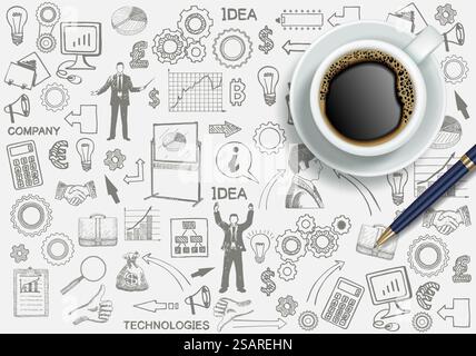Realistic top view cup of coffee against hand drawn business and finance symbols background, vector illustration. Coffee time poster design template.. Coffee time poster design template, vector illustration Stock Vector