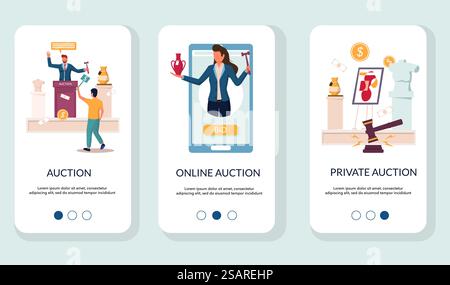Auction mobile app onboarding screens. Menu banner vector template for website and application development. Private and online auction of antique vase with male, female characters auctioneer and buyer. Auction mobile app onboarding screens vector template Stock Vector