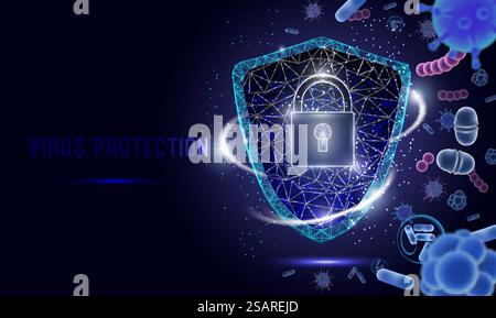 Virus protection vector poster banner template. Security shield with padlock, low poly wireframe mesh. Antivirus, data security polygonal art style illustration.. Virus protection, vector polygonal art style illustration Stock Vector