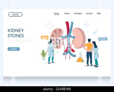 Kidney stones vector website template, web page and landing page design for website and mobile site development. Doctors examining patient kidney with magnifying glass. Urology, nephrology.. Kidney stones vector website landing page design template Stock Vector