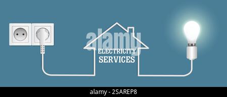 Electricity repair and maintenance services, vector poster banner design template. House with lightbulb, plug and socket outlet. Electricity connection.. Electricity services, vector poster banner design template Stock Vector