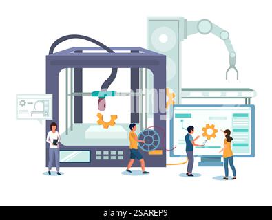 3D printer building object from digital computer model, vector illustration. Additive manufacturing technology concept for web banner, website page etc.. 3D printing technology vector concept for web banner, website page Stock Vector