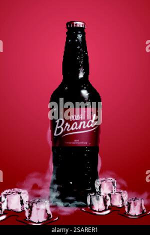 3d illustration of glossy cola bottle closed with crown cap chilling on ice, isolated on red background. Cola bottle mock up with ice blocks Stock Vector