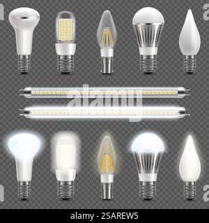 Different types of Led light bulbs, vector illustration isolated on transparent background. Energy efficient lighting, Led lightning technology concept.. Led light bulb set, vector isolated illustration Stock Vector