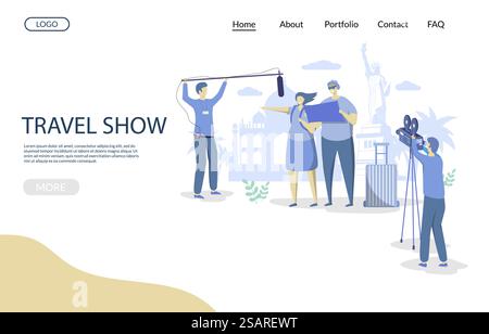 Travel show vector website template, web page and landing page design for website and mobile site development. Travel tv show production concept with characters travelers couple and cameramen.. Travel show vector website landing page design template Stock Vector