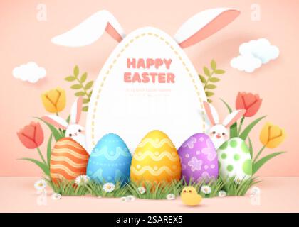 3d Easter greeting card of egg hunt tradition. Cute rabbits hiding in beautiful painted egg ornaments.. 3d Easter egg background Stock Vector