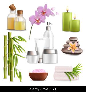 Spa salon accessories set, vector realistic illustration isolated on white background. Bamboo stalks with leaves, salt, stones, massage oil, cosmetics, towels, aroma candles and flowers.. Spa salon accessories set, vector realistic isolated illustration Stock Vector