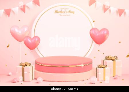 3d product display podium. Composition design with round paper, gift boxes, and heart shape balloons. Minimal pink background for Mother&rsquo;s day and Valentine&rsquo;s Day.. 3d pink product display podium Stock Vector