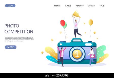 Photo competition vector website template, web page and landing page design for website and mobile site development. Photography contest winner micro male character with cup standing on huge camera.. Photo competition vector website landing page design template Stock Vector