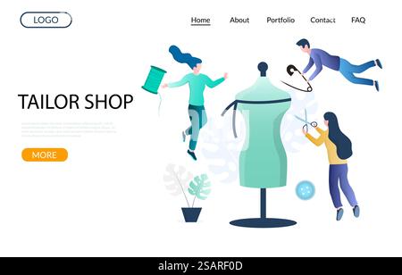 Tailor shop vector website template, web page and landing page design for website and mobile site development. Sewing workshop, atelier, custom clothing concept with micro characters, huge mannequin.. Tailor shop vector website landing page design template Stock Vector