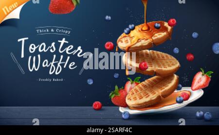 Toaster waffle ad on blue wooden table background in 3d illustration. Maple syrup pouring on thick and crispy waffles with berry fruits.. 3d toaster waffle ad banner Stock Vector
