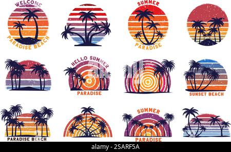 Retro beach sunset. Summer paradise print with grunge 80s striped sun and palm trees silhouettes vector illustration set of paradise summer tropical sunset icons. Retro beach sunset. Summer paradise print with grunge 80s striped sun and palm trees silhouettes vector illustration set Stock Vector
