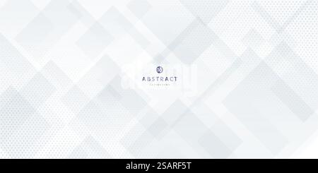 Abstract technology silver color banner with dots halftone decorate. White and soft gray modern geometric square shape overlapping layer background. Minimal futuristic design.  EPS10 Vector Stock Vector