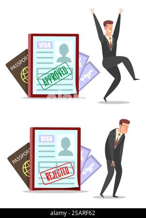 Visa applications with approved and rejected stamps, happy and sad businessmen cartoon characters, vector flat style design illustration.. Approved and rejected visa applications with characters, vector flat illustration Stock Vector