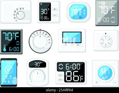 Cartoon thermostat. Smart home heating and cooling controller, thermometer with rotary knob and buttons. House climate control vector set of smart home thermostat illustration. Cartoon thermostat. Smart home heating and cooling controller, thermometer with rotary knob and buttons. House climate control vector set Stock Vector