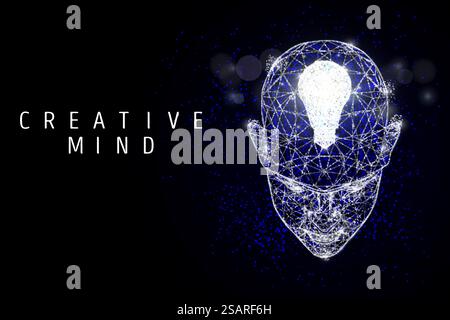 Human head with lightbulb inside, vector low poly wireframe mesh. Creative mind brain idea thinking concept for poster, banner etc., polygonal art style illustration.. Creative mind poster, banner template, vector polygonal art style illustration Stock Vector