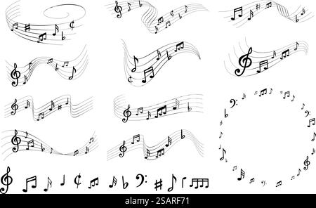 Sheet music notes. Elegant musically lines, musical notation swirls with note symbols vector illustration set. Educational composition for performance, melody sound elements isolated. Sheet music notes. Elegant musically lines, musical notation swirls with note symbols vector illustration set Stock Vector