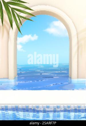3d infinity pool background. Illustration of white arch and blue tile pool filled with crystal clear water. 3d infinity pool background Stock Vector