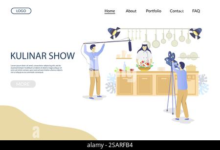 Kulinar show vector website template, web page and landing page design for website and mobile site development. Cooking tv show concept with characters female chef and two cameramen.. Kulinar show vector website landing page design template Stock Vector