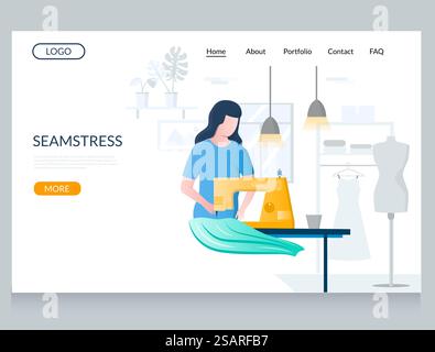 Seamstress vector website template, web page and landing page design for website and mobile site development. Tailoring shop, atelier, garment factory, fashion sewing studio, custom clothing.. Seamstress vector website landing page design template Stock Vector